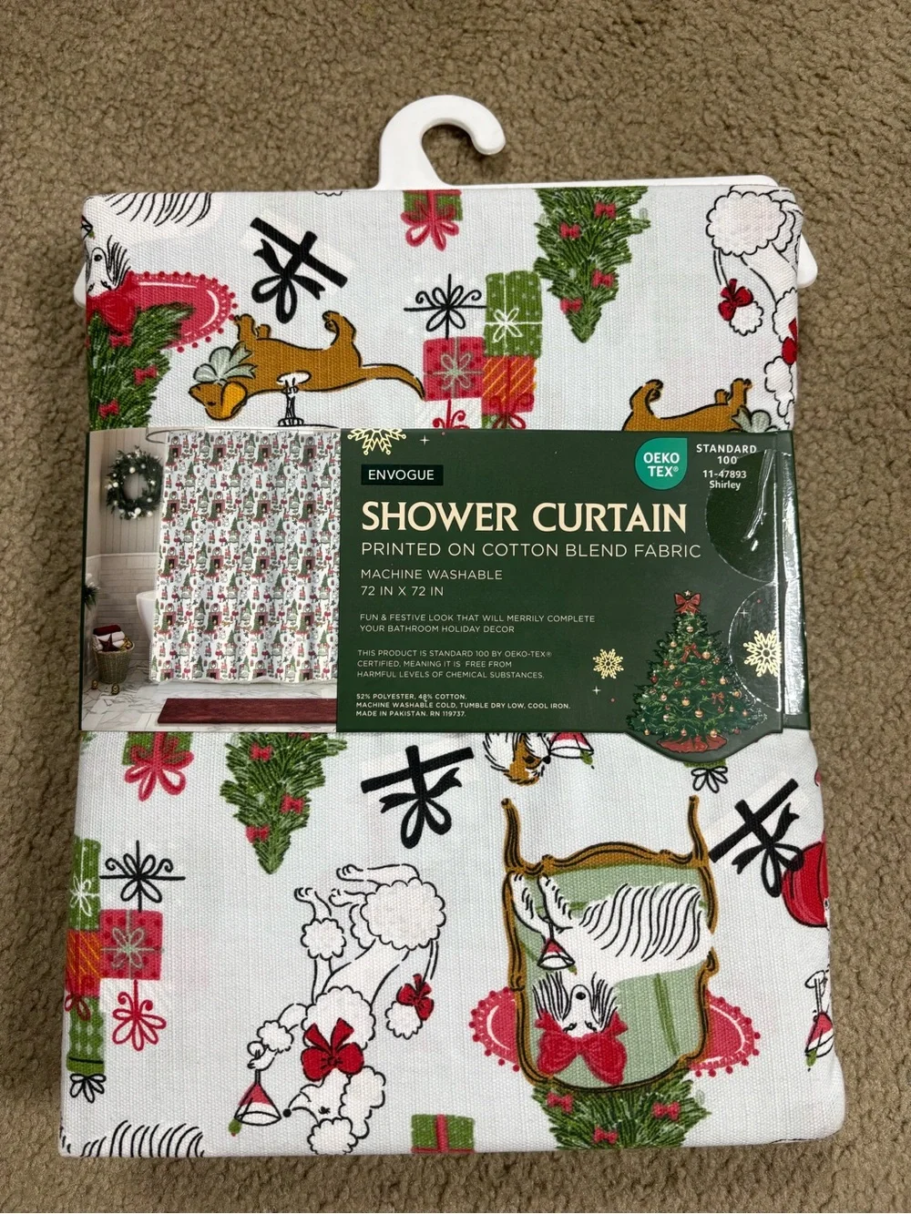 Envogue White Shower Curtain with Red & Green presents, dogs, presents, poodles